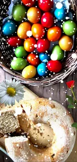 Basket of colorful Easter eggs and festive bread with flowers.