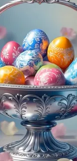 A decorative basket filled with vibrant colored Easter eggs on display.
