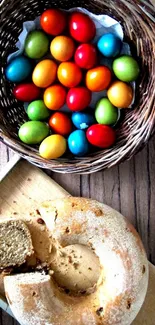 Basket of colorful Easter eggs with a loaf on rustic wood.