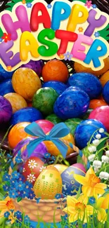 Colorful Easter eggs with 'Happy Easter' text in woven basket.