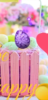 Pink Easter basket with pastel eggs and a purple flower.