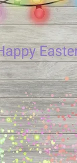 Easter wallpaper with colorful lights on wood background.