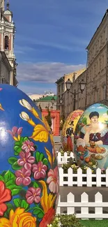 Colorful Easter eggs on a vibrant street backdrop.