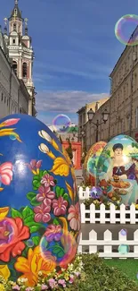 Vibrant Easter eggs adorn a lively city street.