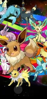 Eevee and evolutions in a colorful cosmic wallpaper.