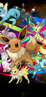 Eevee and its evolutions in a colorful phone wallpaper design.