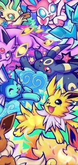 Vibrant Eeveelutions Pokémon wallpaper with artistic design.