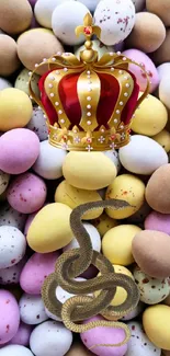 Vibrant pastel candy eggs with a crown and snake in artistic design.