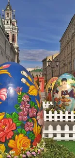 Colorful painted eggs on city street wallpaper.