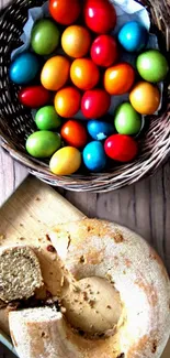 Colorful eggs in basket with bread on rustic table.