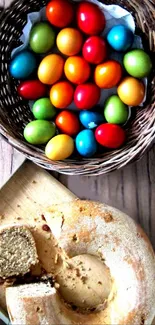 Basket of colorful eggs with a round cake on a table.