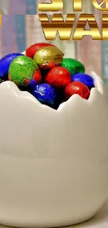 Colorful chocolate eggs in a ceramic bowl with emoji and star theme.