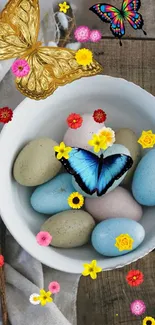 A bowl of colorful eggs with butterflies and flowers on a wooden table.