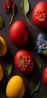 Colorful eggs with floral design and green leaves on a dark background.