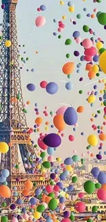 Eiffel Tower with colorful balloons in a vibrant sky.