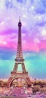 Colorful Eiffel Tower under a vibrant sky.