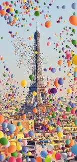 Colorful balloons surround the Eiffel Tower in this vibrant wallpaper.