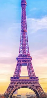 Colorful Eiffel Tower against a vibrant, multicolored sky.