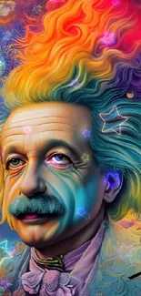 Vivid, surreal Einstein artwork with colorful, swirling background.