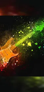 Colorful electric guitar with vibrant splashes on a black background.