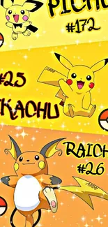 Pokémon wallpaper with Pichu, Pikachu, and Raichu in vibrant yellow and orange.