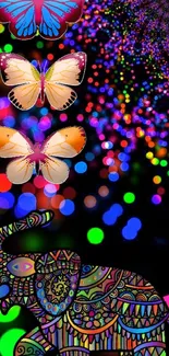 Vibrant mobile wallpaper with colorful elephant and butterflies.