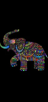 Colorful patterned elephant on black background, perfect for mobile wallpaper.