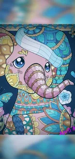 Colorful patterned elephant wallpaper design.