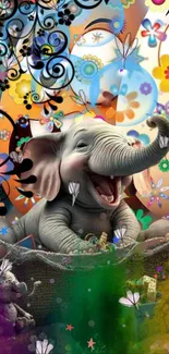 Joyful elephant in colorful fantasy art wallpaper.