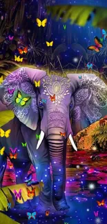 Vibrant fantasy elephant with glowing butterflies in a jungle.