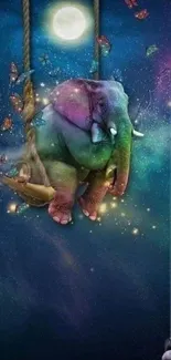 Colorful elephant swings in a starry night sky with butterflies and moonlight.