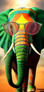 Whimsical elephant with sunglasses in vibrant colors and sunset background.