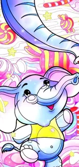 Cute elephant with candy-themed background in vibrant colors.