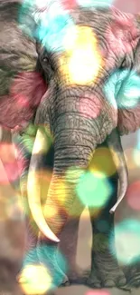 Elephant with colorful bokeh lights wallpaper.