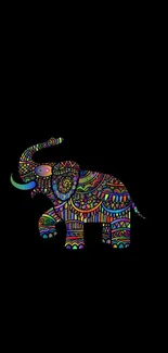 Intricate and colorful elephant design on a black background for mobile wallpaper.