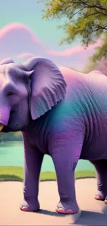 A colorful elephant in a dreamy, pastel landscape.