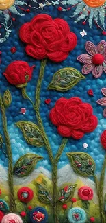 Colorful embroidered flowers on a vibrant textured background.
