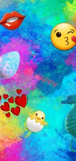 Colorful abstract wallpaper with emojis and a vibrant blue background.