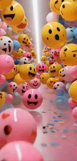 Colorful emoji balloons fill a lively tunnel.