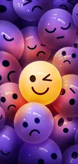 Vibrant purple and yellow emoji bubble wallpaper with various expressions.