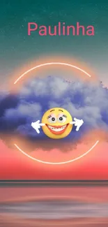 Emoji nestled in a colorful cloud with a gradient sky background.