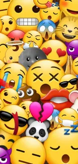 Colorful collage of expressive emojis on a phone wallpaper.