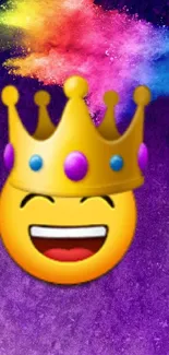 Emoji with crown on a colorful purple background.