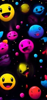 Vibrant wallpaper with colorful emoji faces on a black background.