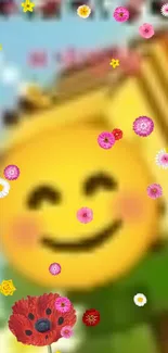 Smiling emoji with colorful flowers background.