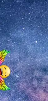 Colorful emoji with wings on a galaxy background wallpaper.