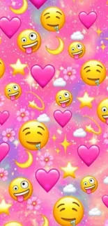 Colorful emoji and heart pink wallpaper background.