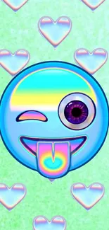 Winking emoji with rainbow tongue and heart background on a light blue screen.