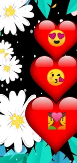 Colorful wallpaper with emoji hearts and flowers.