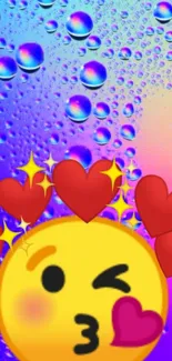 Colorful emoji with hearts and water droplets background wallpaper.